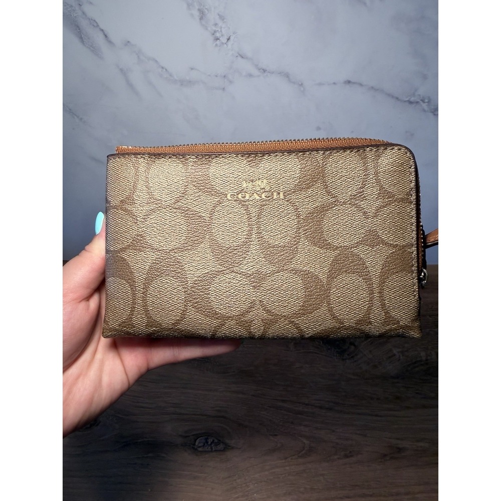 Coach F64131 Signature PVC Double Corner Zip Wristlet Wallet - Brown